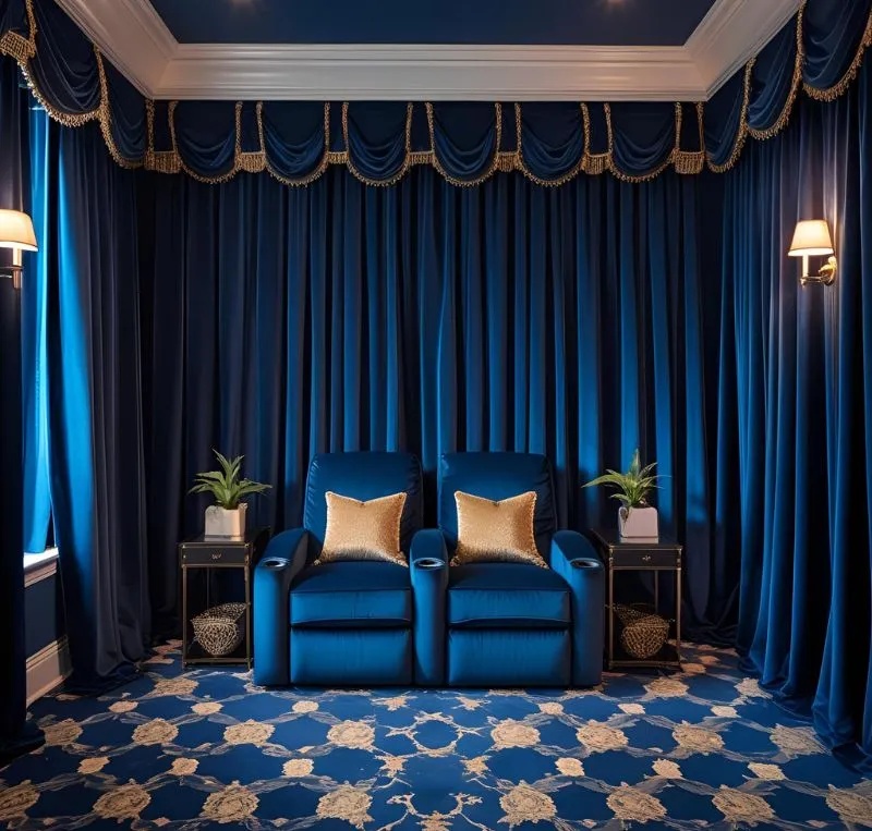 Home theater with blackout velvet curtains for soundproofing