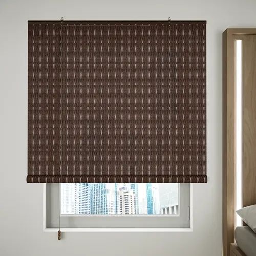 Elegant reddish-brown woven bamboo window shade for UV blocking, privacy & sophisticated home décor in Dubai luxury living spaces