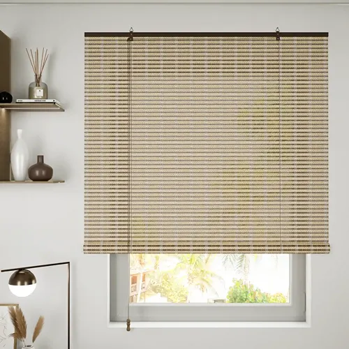 Natural beige woven bamboo shade roller blind for light filtering and heat reduction, providing stylish privacy for luxury home interior decor in Dubai