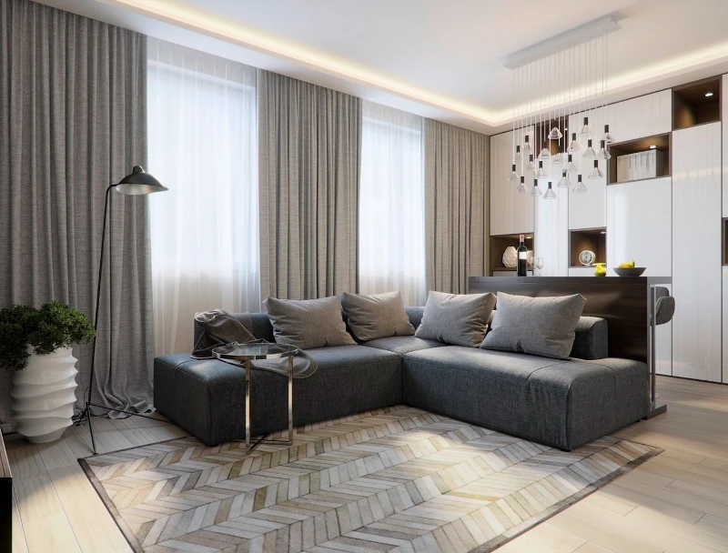 luxury living room with sofas, blackout and sheer curtain in dubai
