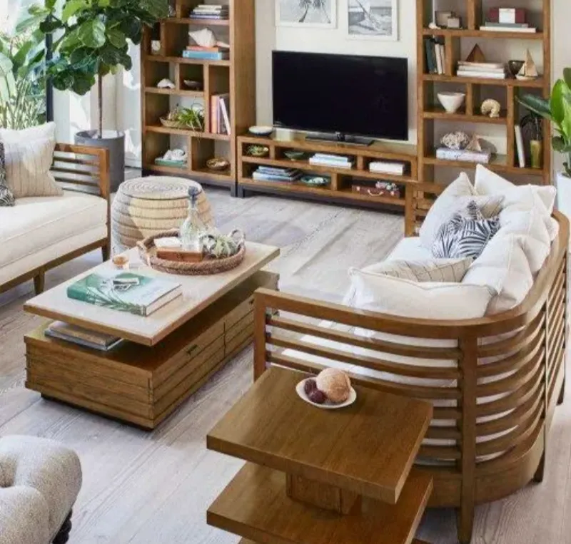 Luxury tropical modern living room furniture set featuring slatted wooden sofa and chairs, multi-level coffee table, and custom wood shelving units, ideal for high-end residential interiors in Dubai